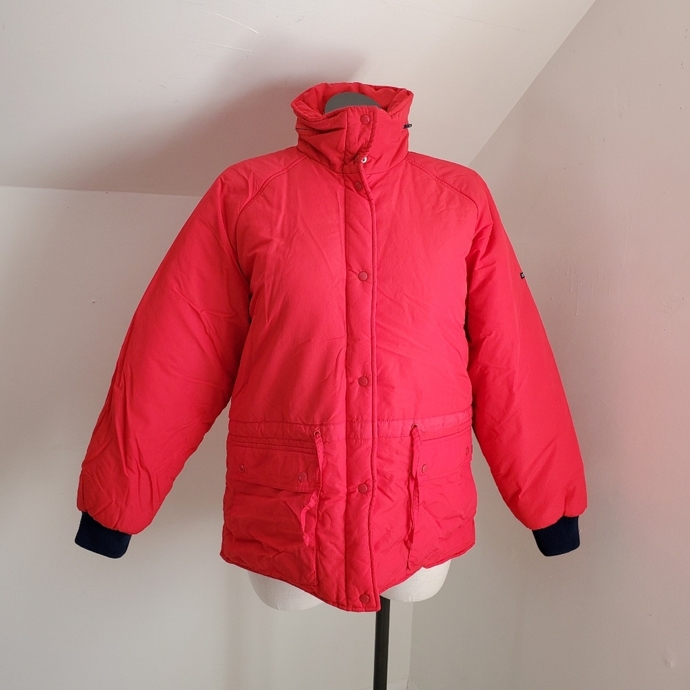 80s Vintage Olympian Red Drawstring Waist Ski Jacket With Hidden Hood